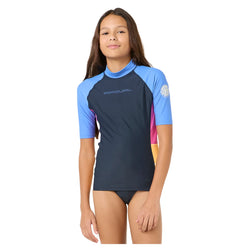 Rip Curl Girl's Block Party Short Sleeved Rash Vest - Navy - Buy online today at Down the Line Surf. International shipping available.