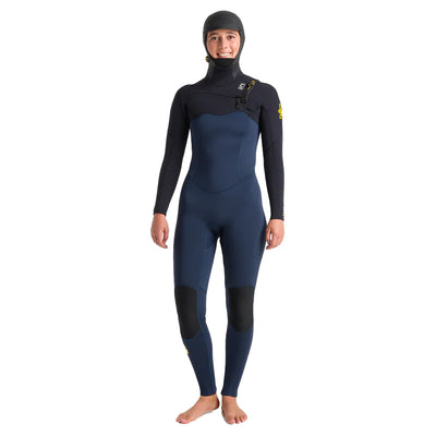 C-Skins Women's Solace 5/4mm Chest Zip Hooded Wetsuit - Blustone/Blk/Saffron - Buy online today at Down the Line Surf. International shipping available.