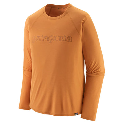 Patagonia Men's Long Sleeved Capilene Cool Trail Graphic Shirt - Outline Text Logo/Golden Caramel - Buy online today at Down the Line Surf. International shipping available.