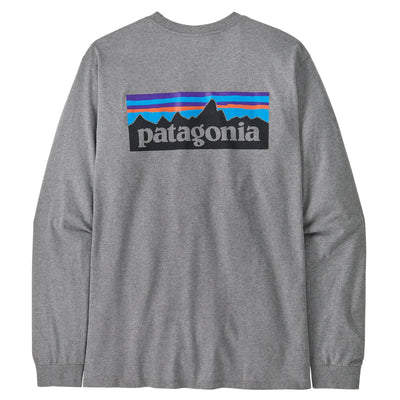 Patagonia Men's Long Sleeve P-6 Logo Responsibili-Tee - Gravel Heather - Buy online today at Down the Line Surf. International shipping available.