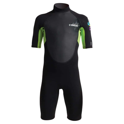 C-Skins Junior Element 3/2mm Shorty Back Zip Wetsuit - Black/Lime/Multi - Buy online today at Down the Line Surf. International shipping available.