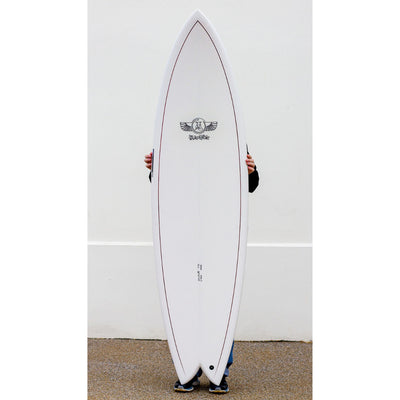 Jim Banks Ultra Glide Surfboard 6'10" - White/Burgundy Pin Line - Buy online today at Down the Line Surf. International shipping available.